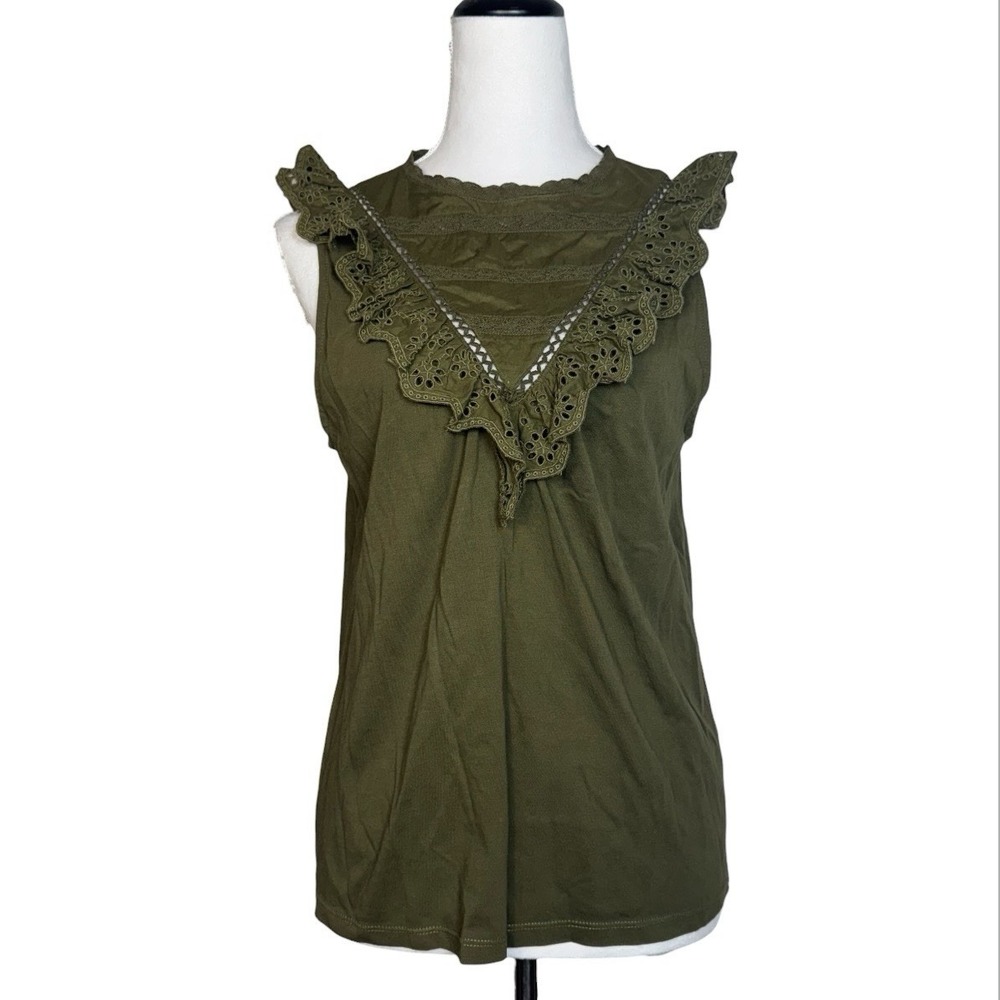 J.Crew Eyelet Lace Ruffle Blouse Tank Small Olive Green Cottage Peasant Boho